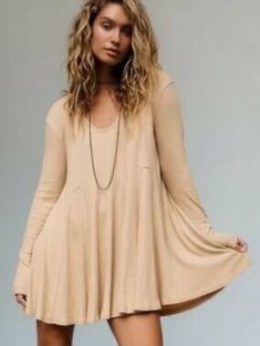 NWT Free People Beach Cream Long Sleeve Boho Whimsical cream mini dress size Med